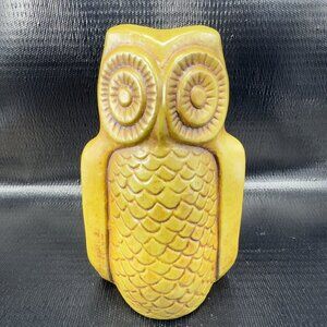 Mid Century Chalkware Brown Yellow Tall Owl Bird Coin Bank Piggy Bank Vintage